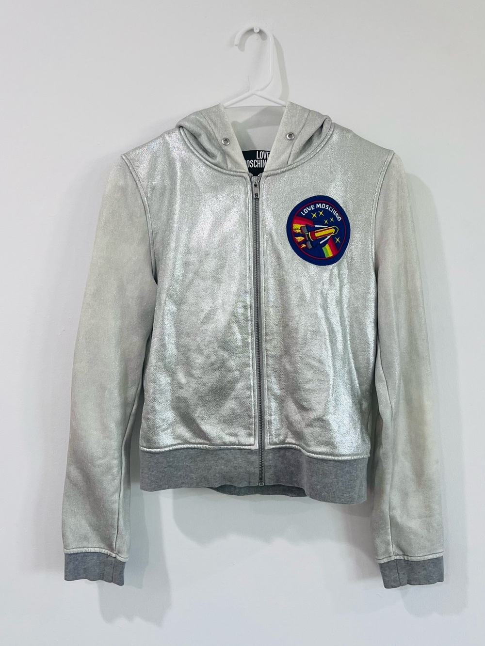 Love Moschino y2k Metallic Silver Hooded  Jacket with Colorful Space Patch
